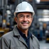Director de la empresa en un entorno de planta con casco y expresión atenta