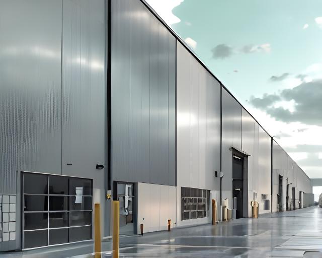 Nave industrial con estructuras de aluminio y cerramientos metálicos en planta productiva